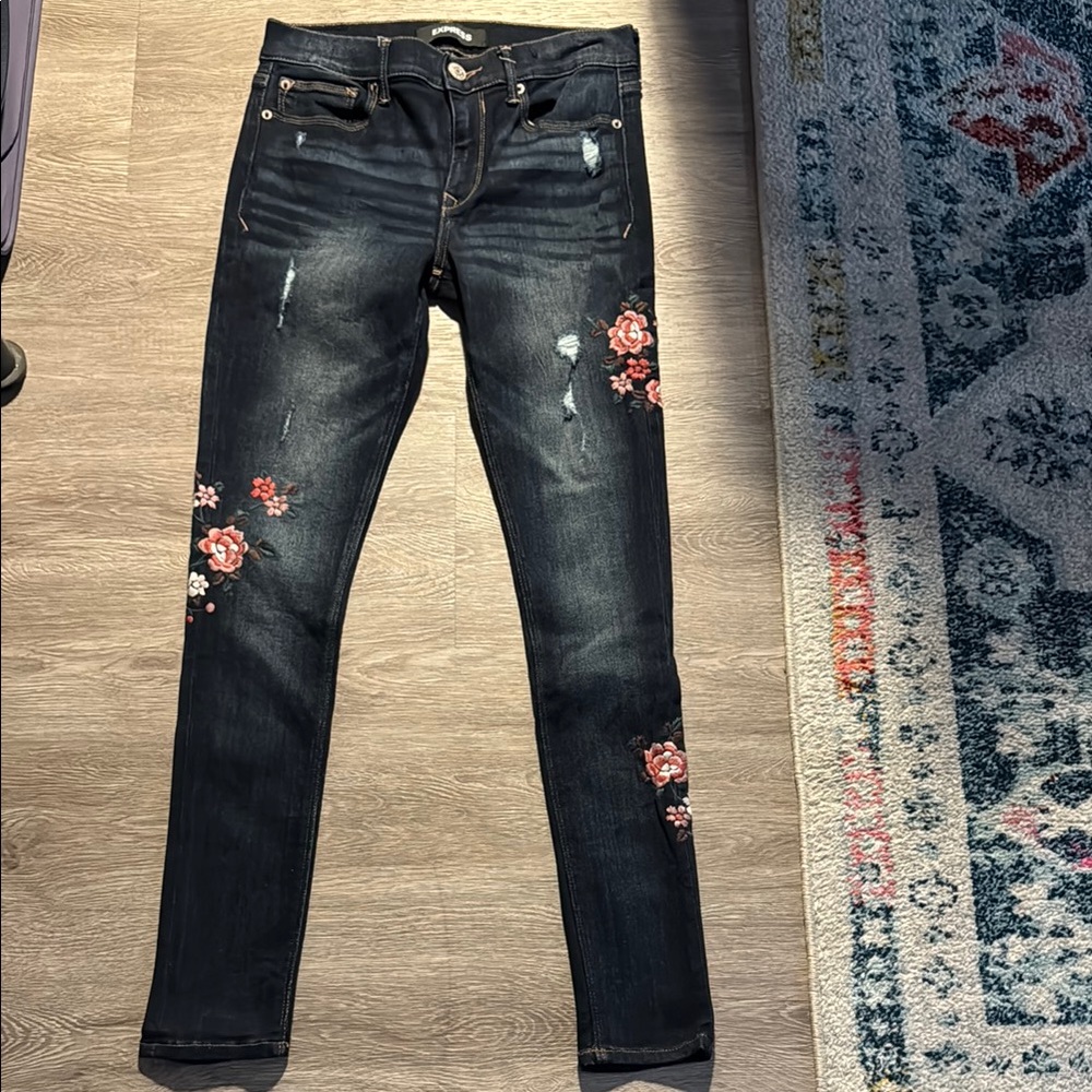 Express Dark Denim Stretch Skinny Jeans with Floral Embroidery